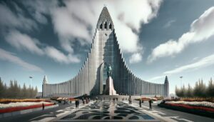 Bajo un cielo parcialmente nublado se alza una iglesia grande y moderna con una estructura alta y puntiaguda. La gente camina por la plaza de motivos geométricos que hay delante, flanqueada por parterres de flores.